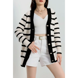 Düğmeli Çizgili Hırka Lattesiyah - 4035.1577.