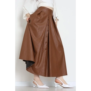 Düğmeli Deri Etek Açıkkahve - 60654.2126.