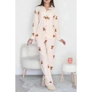 Düğmeli Süet Pijama Takımı Bejkahve1 - 450.1287.