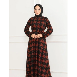 Eteği Kloş Desenli Elbise TABA SİYAH