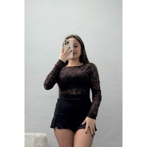 Flok Baskılı Tül Bluz Kahve - 70957.1567.