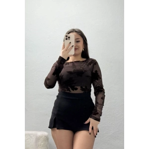 Flok Baskılı Tül Bluz Kahveçiçekli - 70957.1567.