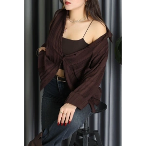 Geniş Çizgili Buklet Oversize Gömlek Kahve - 70995.1934.