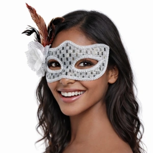 Gümüş Renk Tüylü Balo Maskesi Kadın Parti Aksesuarı