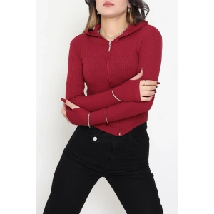 Kapşonlu Parmak Geçmeli Body Bordo - 70769.1567.