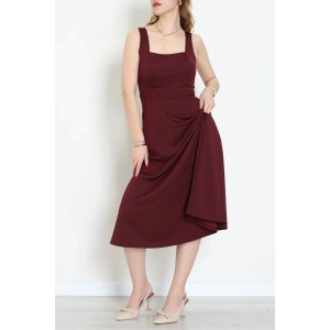 Kare Yaka Midi Elbise Bordo - 583208.1592.