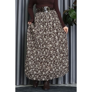 Kemerli Desenli Şifon Astarlı Etek Haki - 71001.1934.