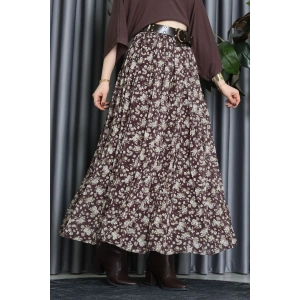Kemerli Desenli Şifon Astarlı Etek Kahve - 71001.1934.