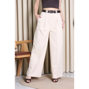 Kemerli Pamuk Gabardin Wide Leg Pantolon Krem - 32428.1397.