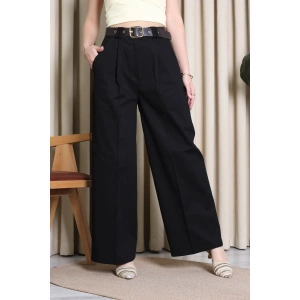 Kemerli Pamuk Gabardin Wide Leg Pantolon Siyah - 32428.1397.