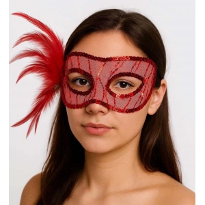 Kırmızı Renk Yandan Tüylü Pul Payet İşlemeli Parti Maskesi 23x12 Cm