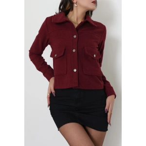 Klasik Yaka Çıtçıt Düğmeli Cep Detaylı Kaşe Crop Ceket Bordo - 70992.1775.