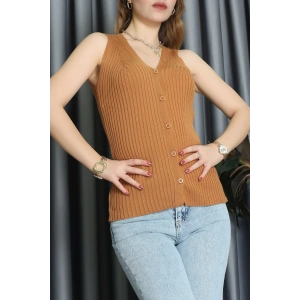 Kolsuz Düğmeli Triko Bluz Camel - 71761.444.