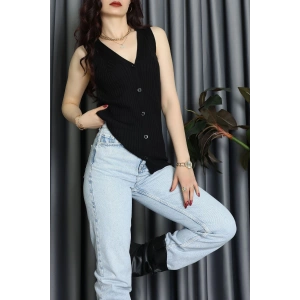 Kolsuz Düğmeli Triko Bluz Siyah - 71761.444.
