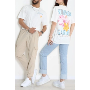 Kompak Penye Baskılı Unisex Oversize Tişört Beyazçiçekli - 55135.1872.