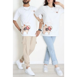 Kompak Penye Baskılı Unisex Oversize Tişört Beyazkrem - 55135.1872.