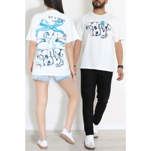 Kompak Penye Baskılı Unisex Oversize Tişört Beyazmavi - 55135.1872.