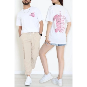 Kompak Penye Baskılı Unisex Oversize Tişört Beyazpembe - 55135.1872.