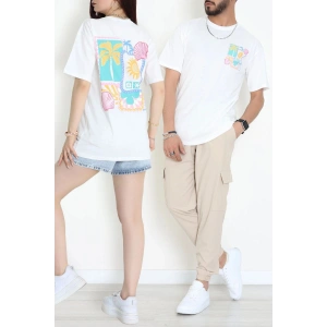 Kompak Penye Baskılı Unisex Oversize Tişört Beyazsarı - 55135.1872.