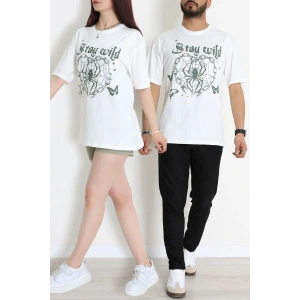 Kompak Penye Baskılı Unisex Oversize Tişört Beyazyeşil - 55135.1872.