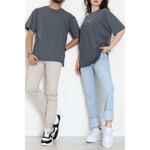 Kompak Penye Ünisex Baskısız Oversize Tişört Antrasit - 55045.1872.