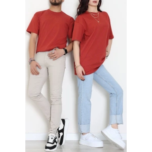 Kompak Penye Unisex Baskısız Oversize Tişört Kiremit - 55045.1872.