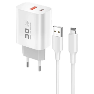 Konfulon C89Q 1 Adet 30W Type-C ve 1 Adet 22.5W USB Çıkışlı Ekstra DL48 1M USB to Lightning Kablolu PD Şarj Cihazı - Beyaz