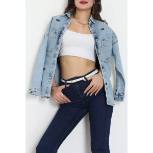 Kurdele Nakışlı Kot Ceket Mavi - 31785.683.