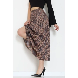 Laklı Denye Piliseli Ekose Etek Kahve - 51252.2036.