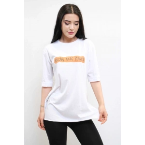 Moda Çizgi Bisiklet Yaka Oversize Tshirt Beyaz