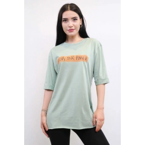 Moda Çizgi Bisiklet Yaka Oversize Tshirt Mint
