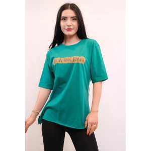 Moda Çizgi Bisiklet Yaka Oversize Tshirt Yeşil