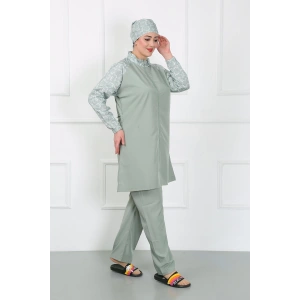 Moda Çizgi Büyük Beden Desenli Tesettür Mayo Su Yeşili 44030