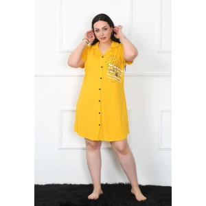 Moda Çizgi Büyük Beden Penye Düğmeli Sarı Tunik Gecelik 1025