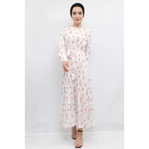 Moda Çizgi Çiçek Desenli Elbise Ekru