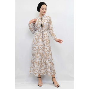 Moda Çizgi Çiçek Desenli  Pileli Elbise Bej
