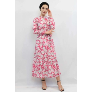 Moda Çizgi Çiçek Desenli  Pileli Elbise Fuşya