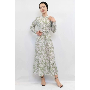 Moda Çizgi Çiçek Desenli  Pileli Elbise Mint