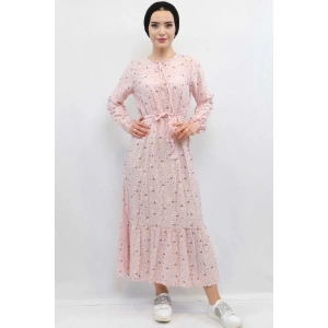 Moda Çizgi Çiçekli Elbise Pudra