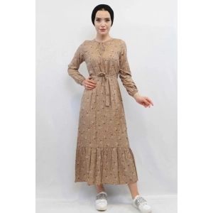 Moda Çizgi Çiçekli Elbise Vizon