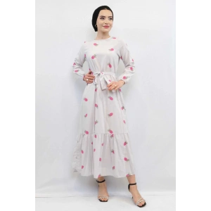 Moda Çizgi Desenli Elbise Fuşya