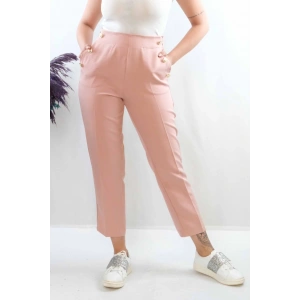 Moda Çizgi Düğme Aksesuarlı Yüksek Bel Pantolon Pudra