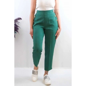 Moda Çizgi Düğme Aksesuarlı Yüksek Bel Pantolon Zümrüt