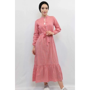 Moda Çizgi Ekose Elbise Kırmızı