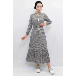 Moda Çizgi Ekose Elbise Siyah