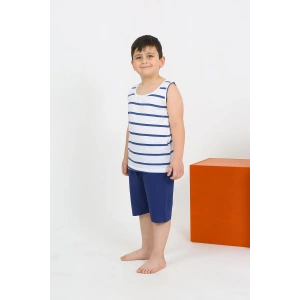 Moda Çizgi Erkek Çocuk Sıfır Kol Şortlu Beyaz Penye Pijama Takımı 20435