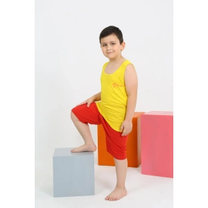 Moda Çizgi Erkek Çocuk Sıfır Kol Şortlu Sarı Penye Pijama Takımı 20434