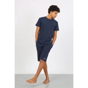 Moda Çizgi Erkek Pamuk Lakost Alt Üst Kaprili Pijama Takım Lacivert 6872