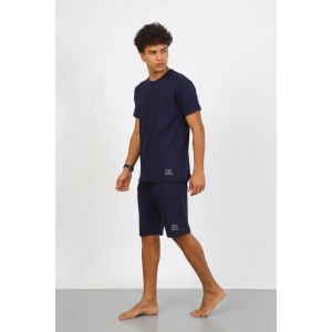 Moda Çizgi Erkek Pamuk Lakost Alt Üst Kaprili Pijama Takım Lacivert 6873