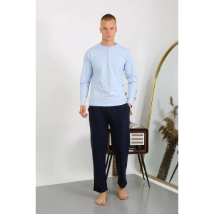 Moda Çizgi Erkek Penye Uzun Kol Pijama Takımı 6860 Buz Mavisi